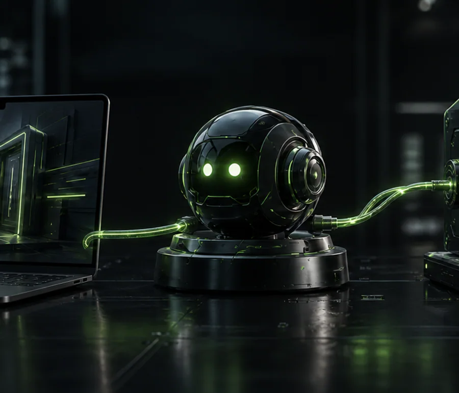 Black spherical chatbot device with restrained green lighting